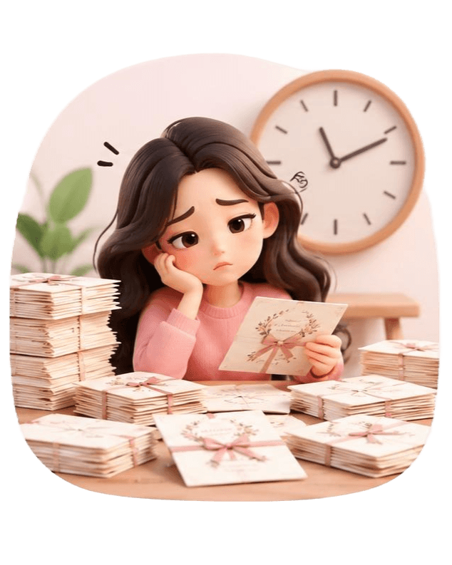 Cô gái mệt mỏi bên chồng thiệp giấy, đồng hồ treo tường phía sau